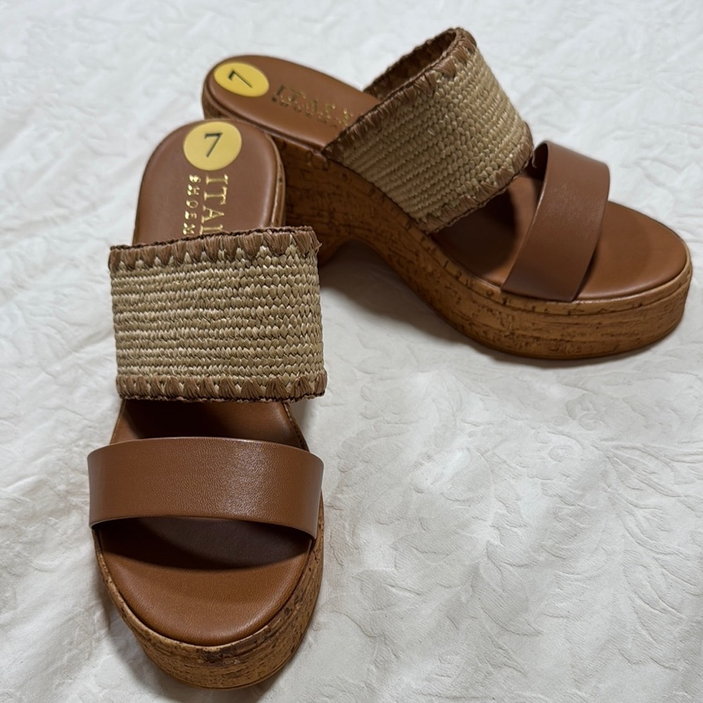 Naturalizer Tan Cork Wedge Raffia Slide Sandals